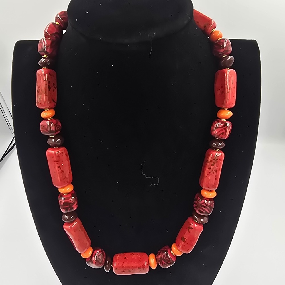 Vintage Blood Orange Red Glass Peking Trade Bead Necklace - Picture 3 of 8